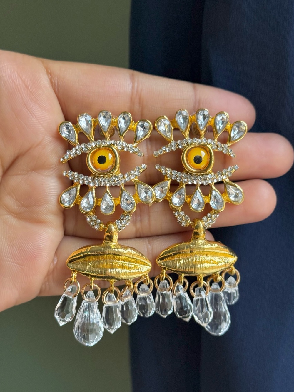 Schiaparelli Inspired Gold-tone Crystal Eye Drop Earrings